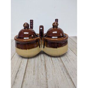 Vintage #2 Brown Glazed Stoneware Double Condiment Sauce Pot Lids Spoons Taiwan